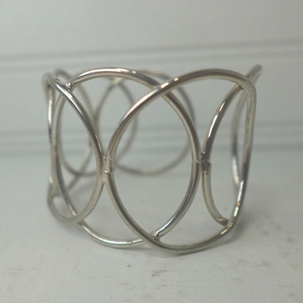 Y2K Silver Tone Wide Cuff Bracelet Open-work Chunky Circles Boho Modernist